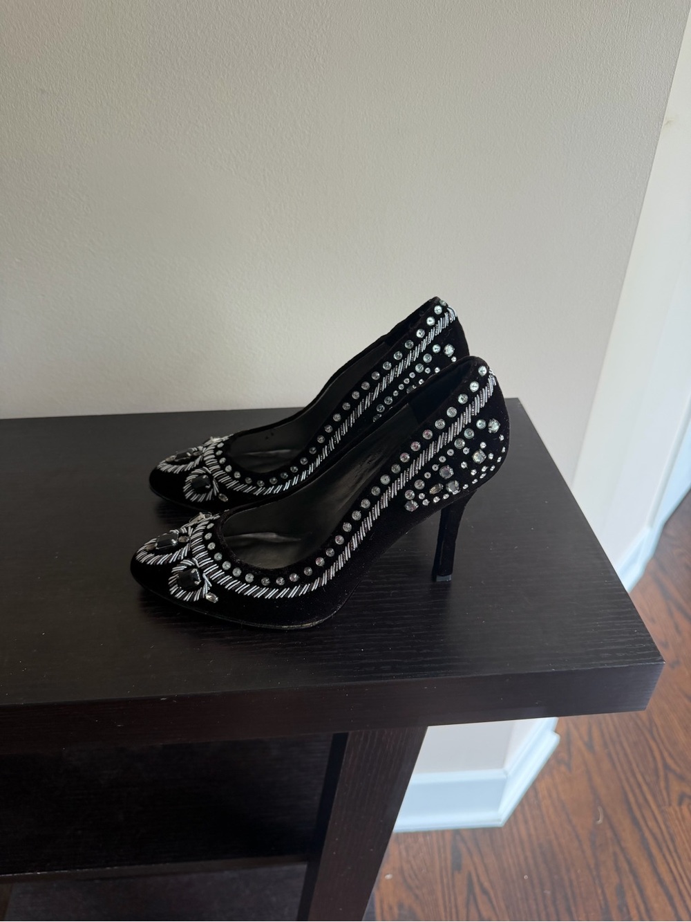 Colin Stuart crystal embellished black velvet stiletto pumps
